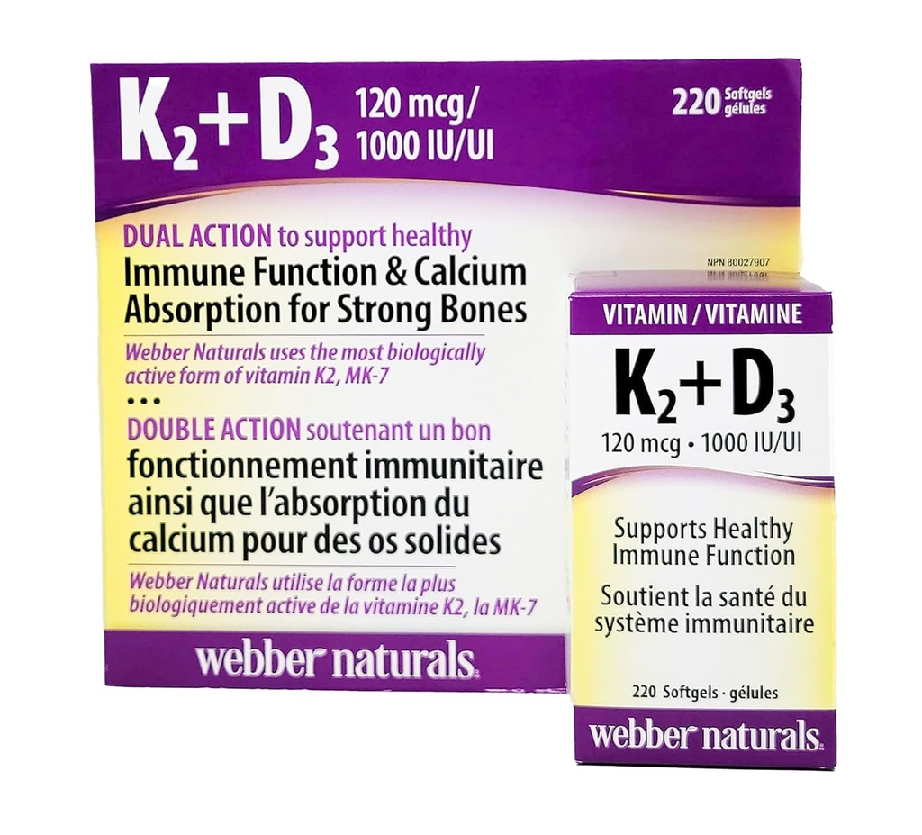 Webber Naturals K2 + D3 120 mcg/1000 IU, soporta la función saludable de inmunológico - 220 softgels