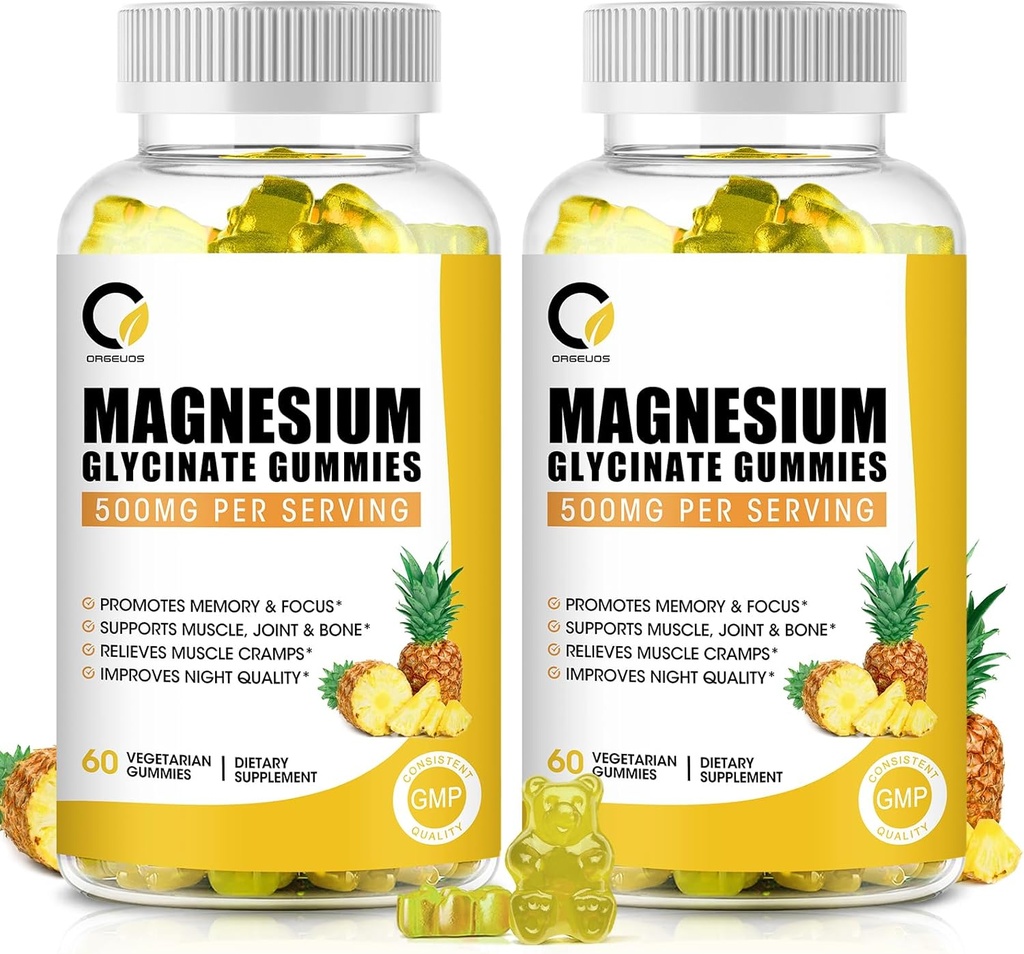 (2 Pack) Magnesium Glycinate Gummies 500mg, High-Absorption Magnesium Supplement with Calcium & Vitamins, Support Bone, Muscle, Night, Memory & Mood, Vegan, Non-GMO, 60 Condes, Pineapple Flavor