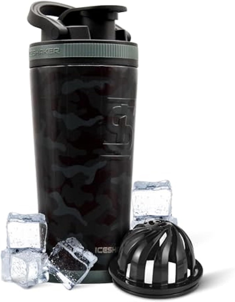 Hielo Shaker Acero Insulado Coqueteo de Acero Insonor Silencio 26oz, Negro camo TENIDO Frío por 30+ Horas TENIDO Copa Insulado con Agitador Twist-on ANTE ANTE Odor-Free Botella para Protein Shakes, Agua, Moquetas, Cocktails