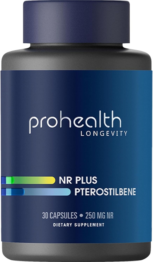 ProHealth NR + Pterostilbene. Promueve la longevidad, la energía y el envejecimiento saludable. Protege Corazón + Salud cerebral. Soportes Reparación celular. 250mg Niagen Nicotinamide Riboside + 40mg Pterostilbene, 30 Caps