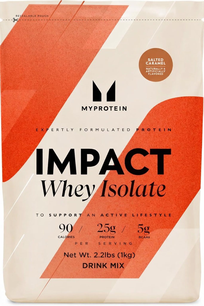 Myprotein Impact Whey Protein Isolate, 2.2 Lbs (40 Servings) Salted Caramel, 21g Protein &amp; 6g BCAA Por Serving, Gluten-Free Shake for Muscle Strength & Recovery