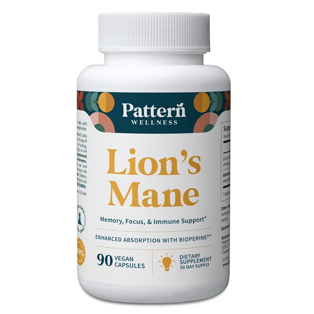 Pattern Wellness Lion’s Mane Mushroom – Suplemento capsules para Cognitive & Focus Support – Ausorción mejorada – 90 cápsulas Vegan