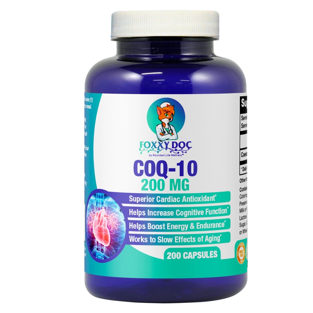CoQ10 - Co-Enzyme Q10-200 mg - Alta absorción - 400 mg por 2 gorros - No GMO - Gluten Gratis - 200 Veg. Caps - Heart & Cellular Support - Made in USA by Foxxy Doc