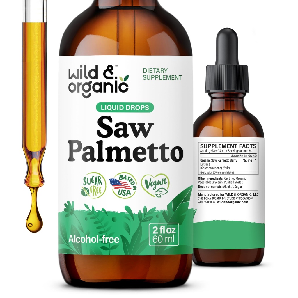 Wild & Organic Saw Palmetto Extract Drops - Soporte urinario - Saw Palmetto for Men &amp; Women - Liquid Serenoa Repens Berries Suplemento - Vegan, Sugar &amp; Alcohol-Free - 2 fl oz
