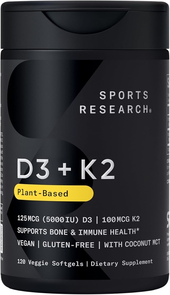 Investigación deportiva Vitamina D3 con K2 Softgels - Planta base K2 & Vegan D3 5000iu con Coconut MCT Petróleo - Certificado Vegan, Soy & Gluten Gratis - 120 Conde