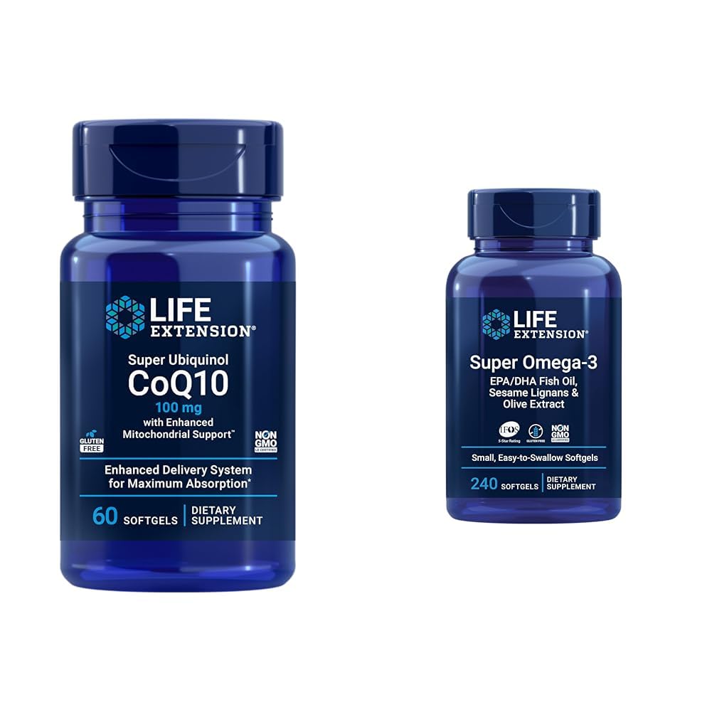 Super Ubiquinol CoQ10 con soporte Mitocondrial mejorado, ubiquinol CoQ10 & Super Omega-3 EPA/DHA Fish Oil, Sesame Lignan &amp; Olive Extract - Omega 3 Suplemento