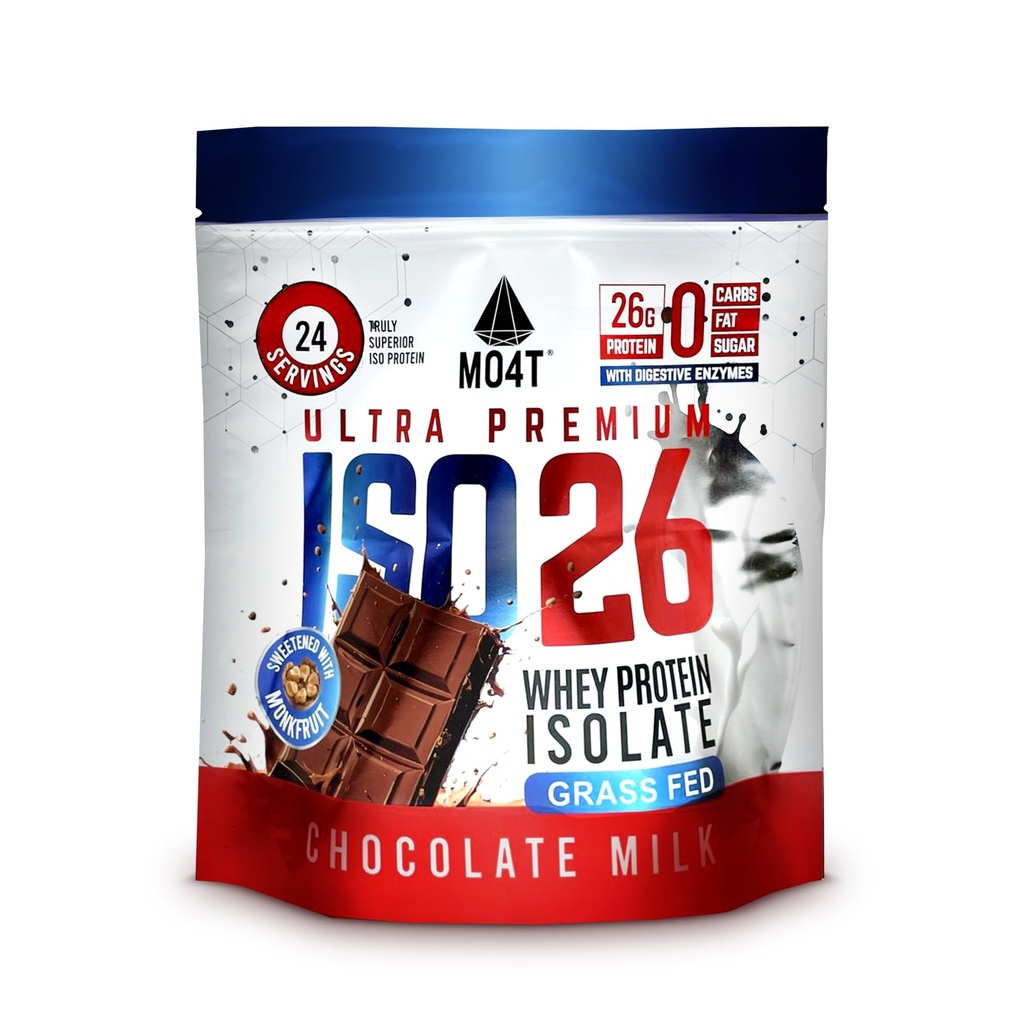 ISO26 Grass Fed Whey Protein Isolate sin edulcorantes artificiales. Naturalmente endulzado con fruta de monje, 1,6 libras, 24 servidumbres, leche de chocolate.