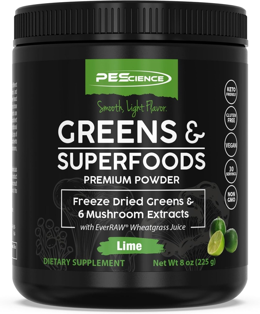 PEScience Greens Powder Superfood with Natural Chlorophyll, Reishi & Turkey Tail Mushroom Powders, Freeze-Dried Kale, Spinach, Broccoli Sprouts, Lime Flavor, 30 Servings