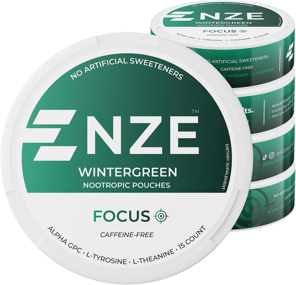 NZE Caffeine Free Nootropic Pouches (Wintergreen) - Nootropic Pouches with Alpha GPC, L-Tyrosine & L-Theanine - No Sugar or Artificial Sweeteners - 15 Nicotine Free Pouches Per Can - 5 Pack