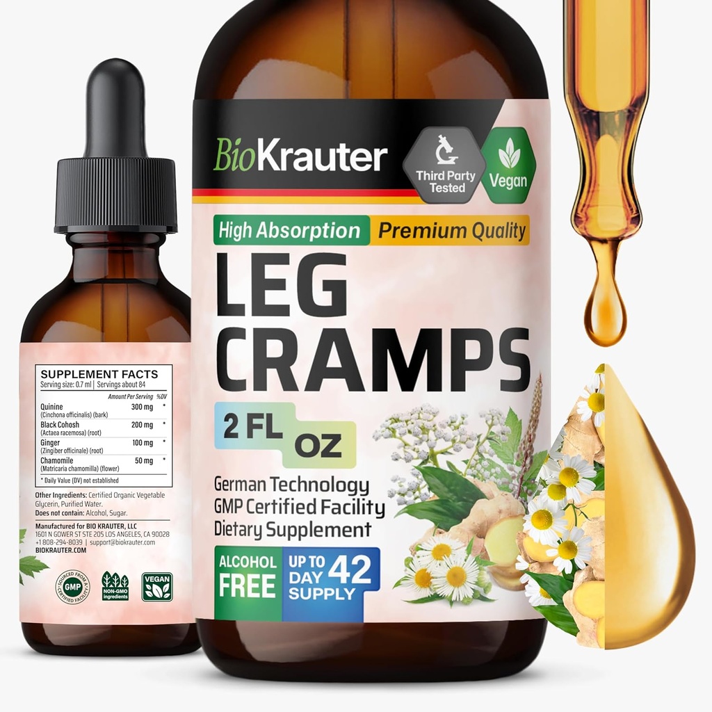 BIO KRAUTER Leg Cramps Tincture with Quinine - Ginger &amp; Chamomile Liquid Extracts for Leg Cramps - Natural Alcohol &amp; Sugar Free Formula - Vegan Drops 2 Fl.Oz.