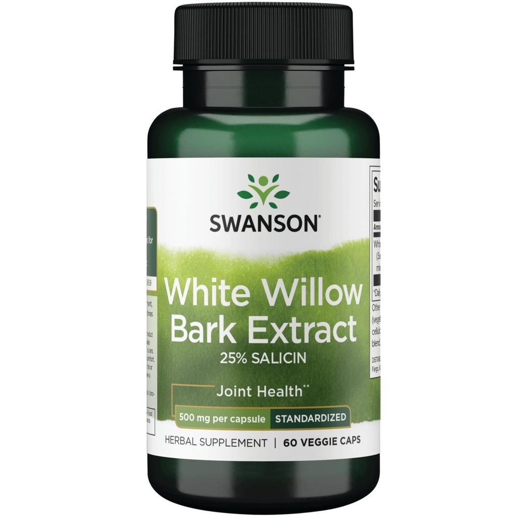 Swanson Maximum Strength White Willow Bark Extract-Promotes Joint Support & Muscle Relief-Standardized to 25% Salicin-Natural Supplement with No Stomach Irritation (60 Veggie Caps, 500mg Cada)