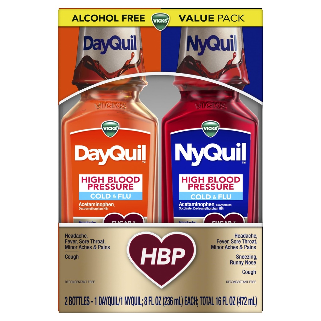 VICKS DayQuil &amp; NyQuil High Blood Pressure Cold & Flu Relief Liquid Medicine Co-Pack, Powerful Multi-Symptom Daytime & Nighttime Relief for Cold, Cough, and Flu Symptoms, Sugar & Alcohol Free, 2x8oz