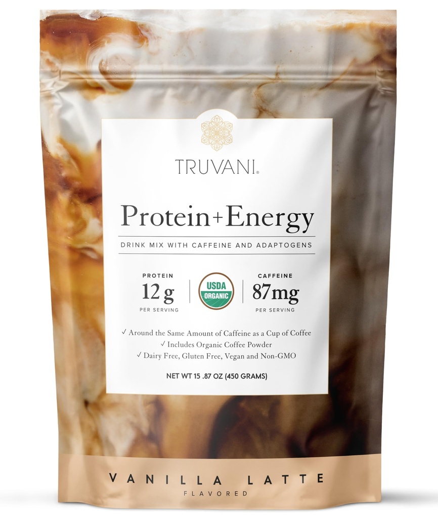Truvani Protein + Bebida Energética Mezcla con 87mg Caffeine TEN Vanilla Latte TEN 12g Orgánica Fundada en Plantas Proteínas 20 Serviciones Silencio USDA Organic Coffee Powder &amp; Adaptogens TEN Gluten &amp; Dairy Free TEN Vegan ANTE Non-GMO