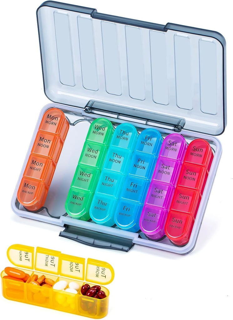 Betife XL Capacidad grande 4 veces al día Organizador de píldoras, 7 días 4 veces Caja semanal de píldoras con 28 Compartimientos para Medicación, Vitaminas y Suplementos