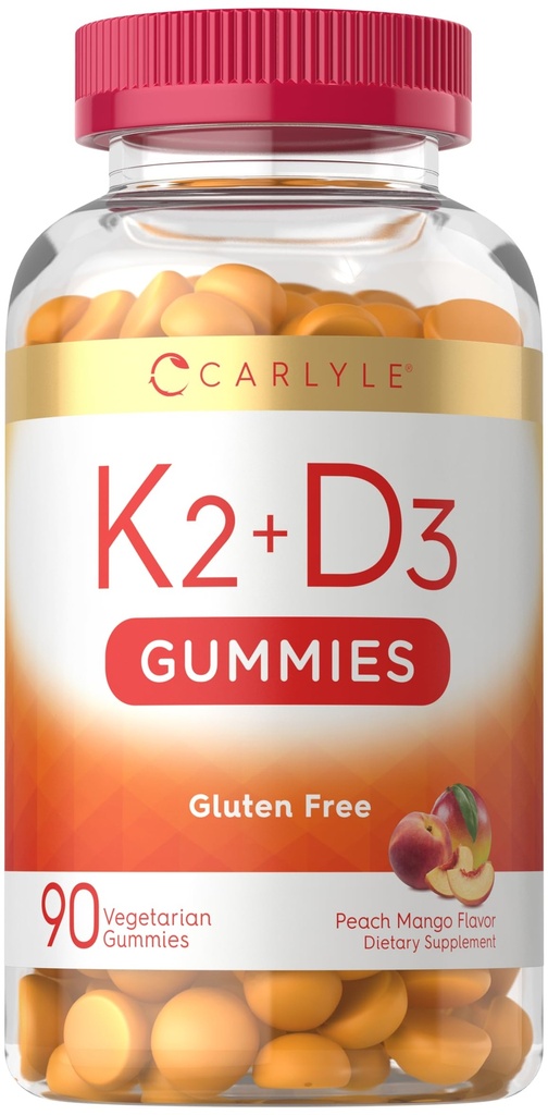 Carlyle Vitamin D3 K2 Gummies Silencio 90 Conde ← 5,000 UI de D3 + 100 mcg MK7 Silencio Vegetariano, No GMO, y Gluten suplemento de vitamina libre