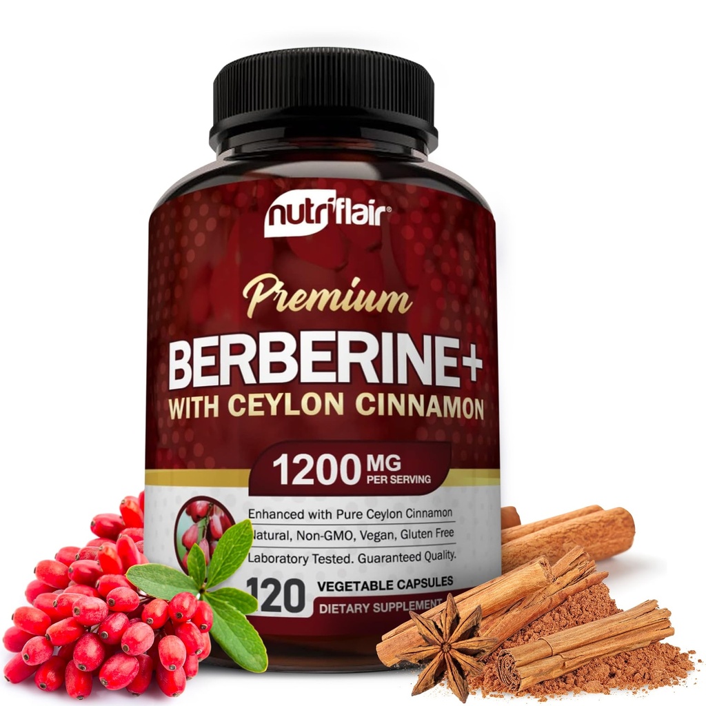 NutriFlair Premium Berberine HCL 1200mg, 120 Capsules - Plus puro Ceilán Verdadero, Berberine HCI suplementos de raíz píldoras - Immune System - produce un Optimal 8% HCl