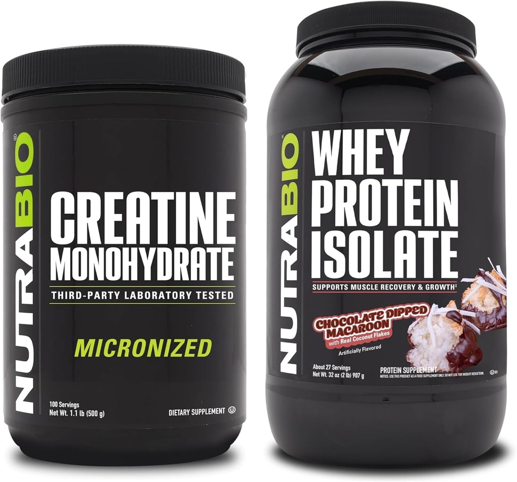 NutraBio Monohidrato de Creatina, Desflavorado, 500g y Whey Protein Isolate, Chocolate Dipped Macaroon, Suplemento Bundle - Muscle Energy, Lean Muscle Growth, Recovery, and Strength