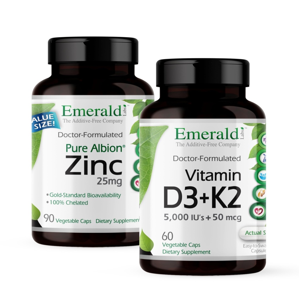 EMERALD LABS Vitamina D3+K2 (60 Caps) " Zinc 25mg (90 Caps) - Bone Health, Heart Support, Immune Support, Digestive Health, Oxidative Stress Support - Sin gluten