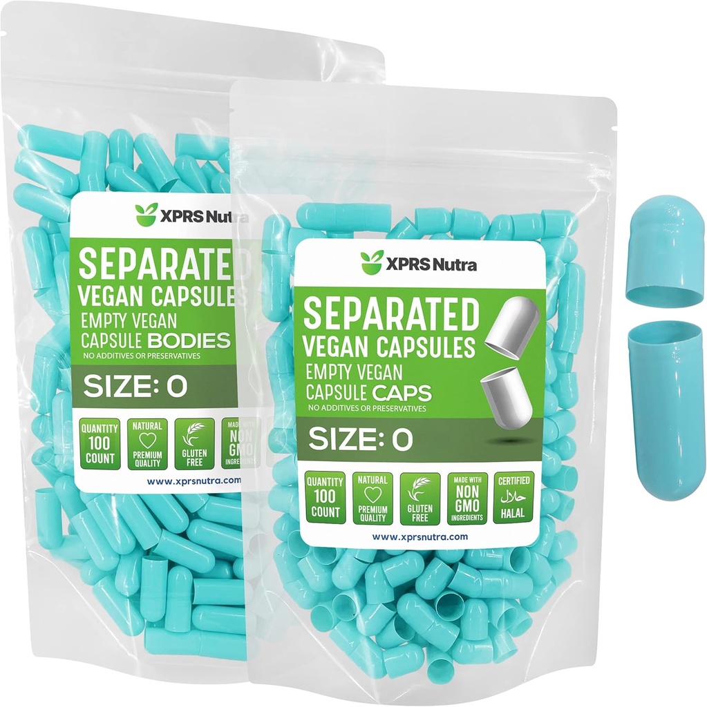 XPRS Nutra Vegan Tamaño 0 cápsulas separadas - 100 cápsulas de vacío premium de cuenta separadas en bolsas - 0 pastillas para relleno de suplemento de bricolaje (Aqua)