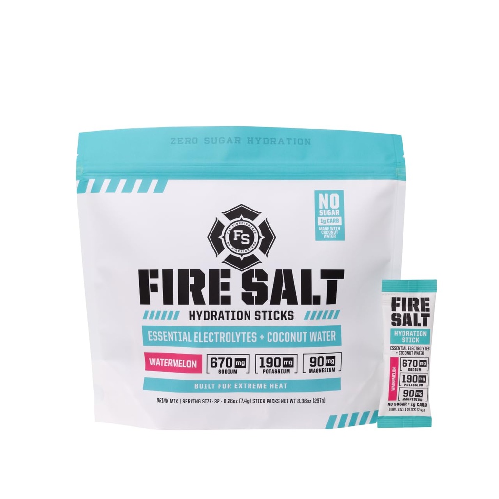 Fire Science Fire Salt Hydration Sticks, Electrolytes & Coconut Water, Hydration Drink Mix with Magnesium, Potassium & Sodium, Zero Sugar, Single Serve On The Go Packs, Watermelon Flavor, 32 Cuenta