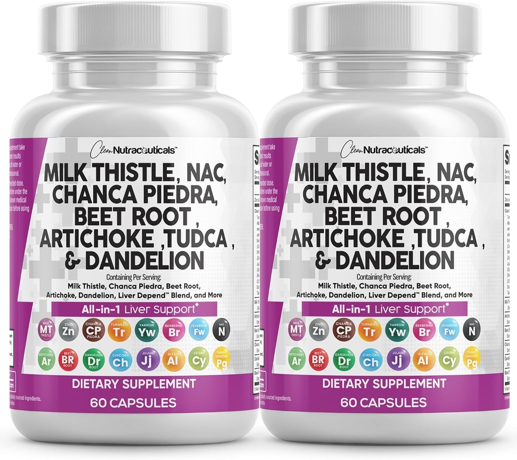 Nutracéuticos limpios Milk Thistle NAC Chanca Piedra Beet Root Artichoke Dandelion Root - Liver Cleanse Supplement Plus TUDCA Choline & Ginger - 2Pack