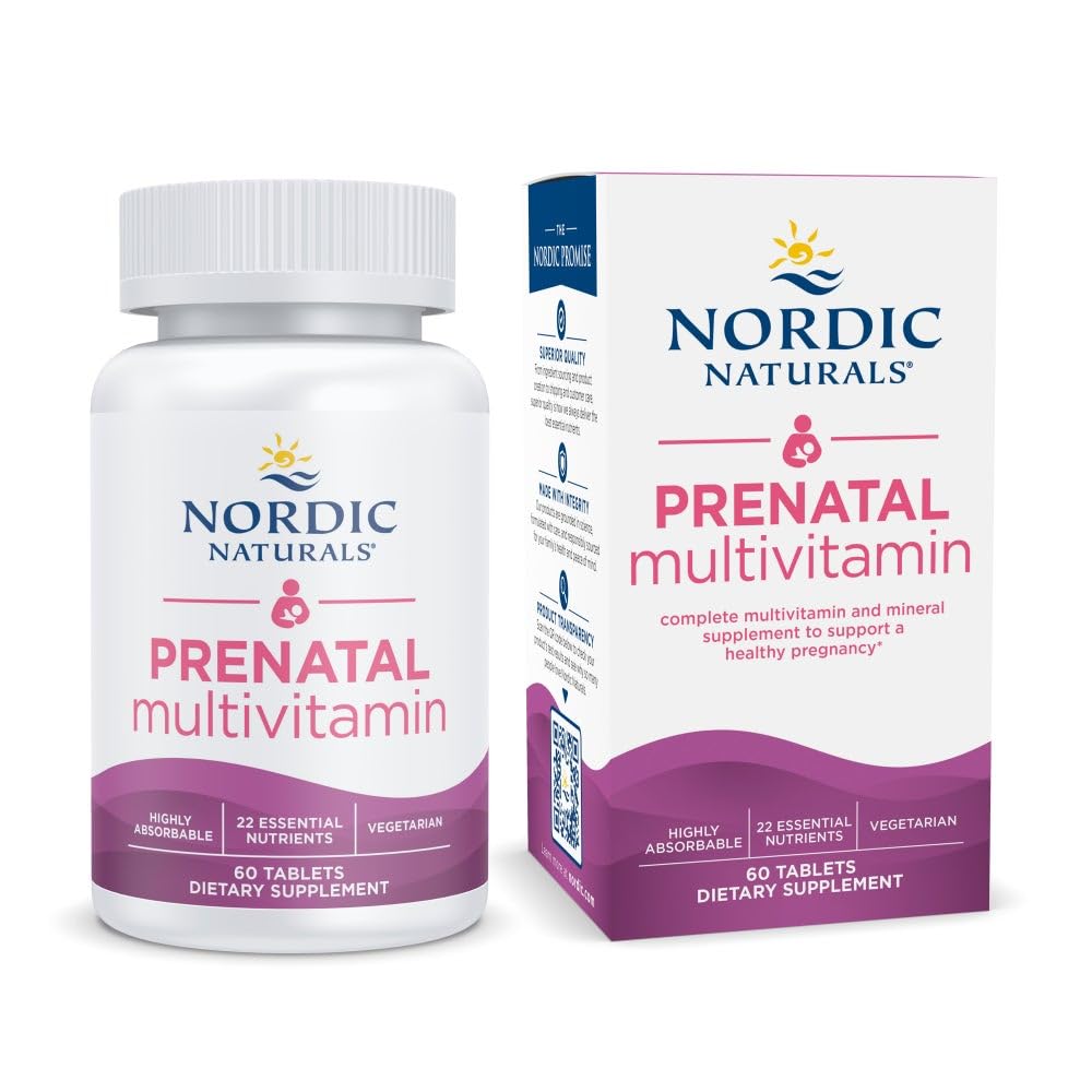 Naturales nórdicos Multivitaminas prenatales para Mujeres - Vitaminas Prenatales Vegetarianas diarias - 22 Nutrientes esenciales, incluyendo B6, Folato e Hierro - 60 Tabletas - 30 Servimientos