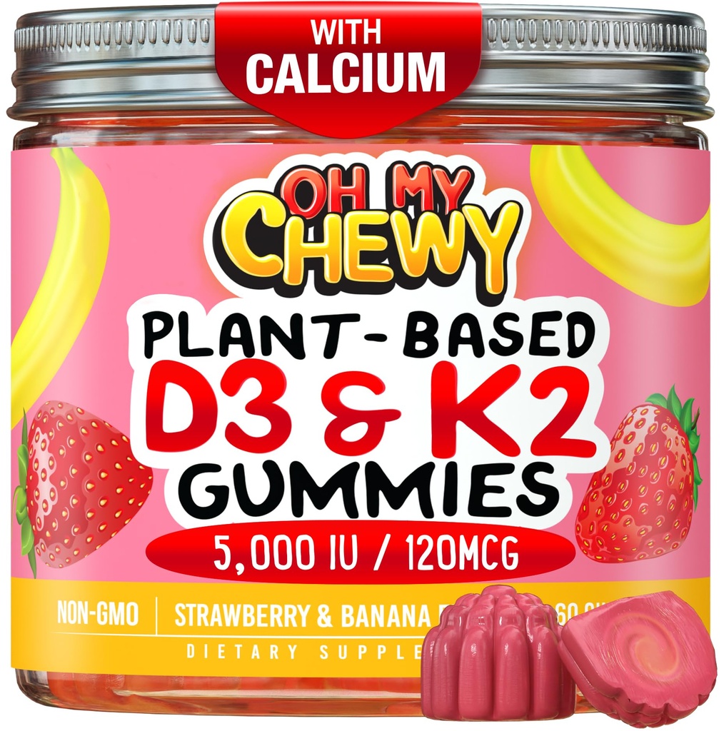 Centro-Filled Vitamina D3 K2 Gummies - Niños, Adolescentes & Adultos - Suplemento para Dientes Saludables, Huesos, Energía &amp; Inmunidad - 5000 UI D3, 120 mcg K2(MK-7), 120 mg Calcium - Vegan &amp; Non-GMO - 120 Conde