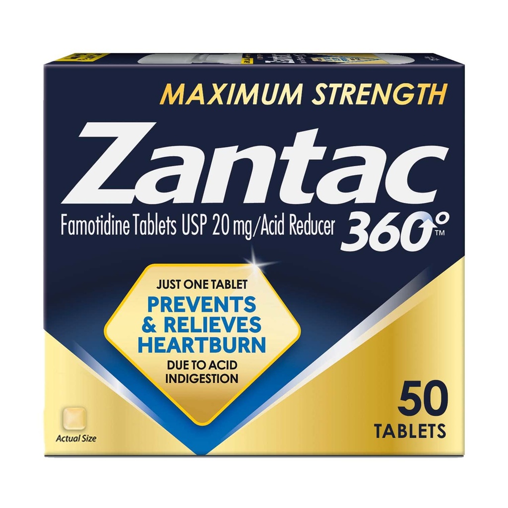 Zantac 360 Tablas máximas de fuerza, 50 Cuentas, Prevención y Alivio de acidez, 20 mg Tabletas
