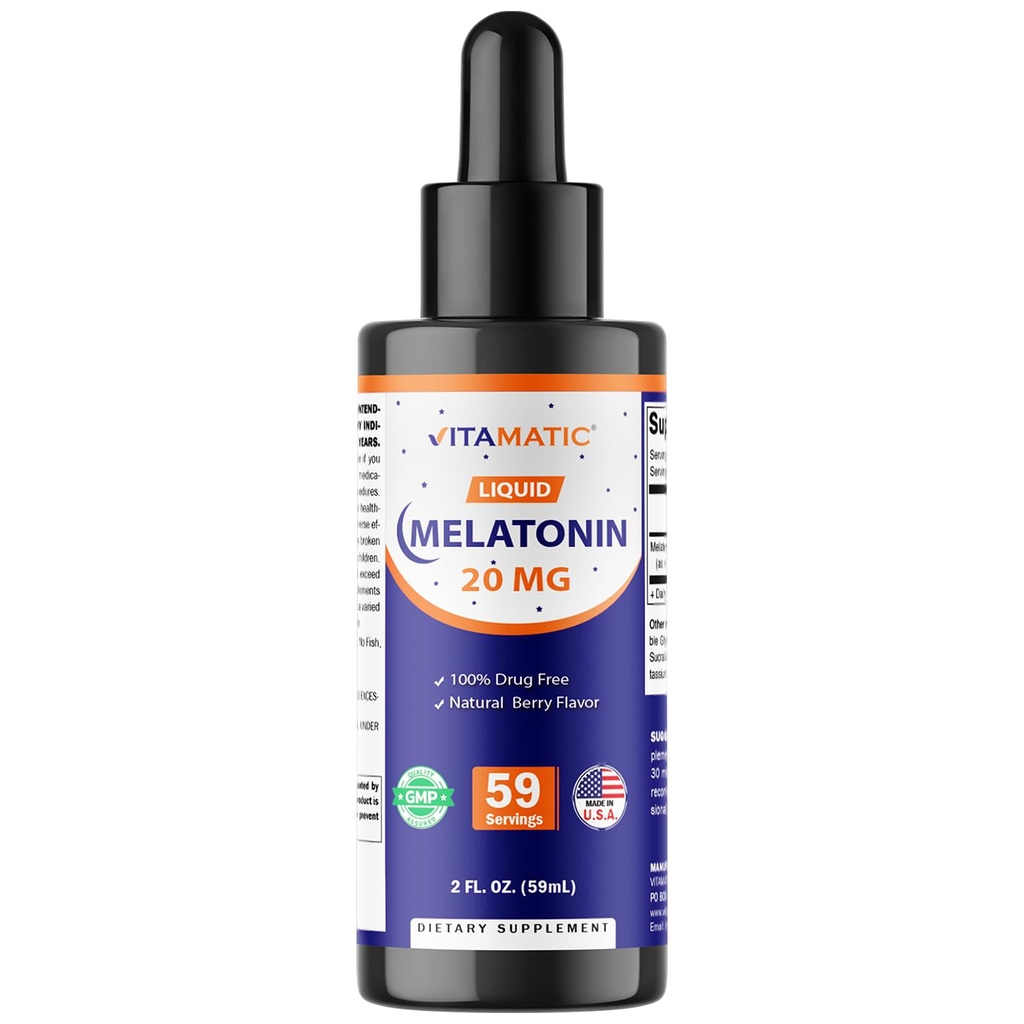 Vitamatic Melatonin 20mg Liquid Drops – 2 Fluid Ounce (59ml) – Natural Berry Flavor – para adultos – No GMO – Suplemento Vegetariano