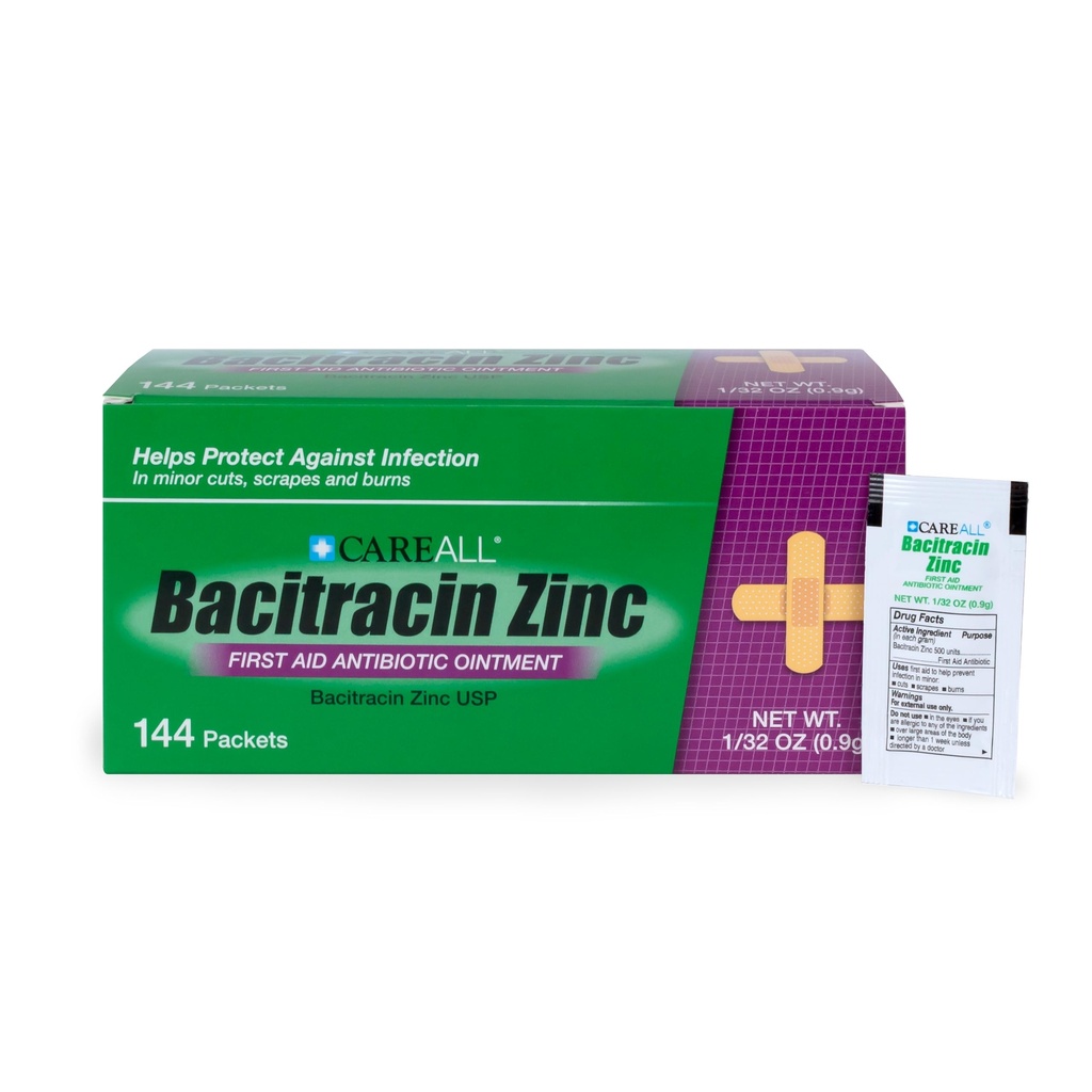 CareAll Bacitracin Antibiotic Zinc Ointment (144 Pack), 0.9gr Foil Packet. Ungüento de primeros auxilios que previene las infecciones por cortes menores, raspas y quemaduras