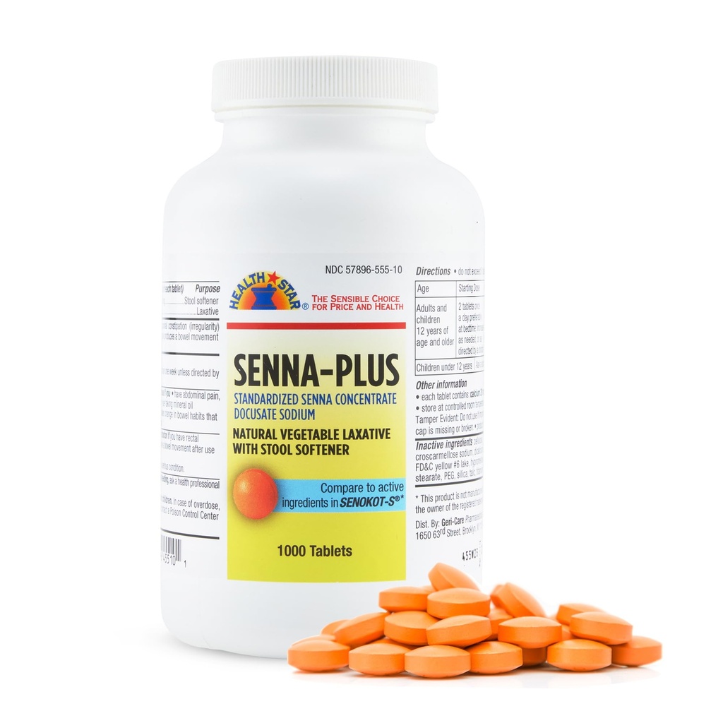Health Star Senna Plus Laxative & Stool Softener Tablets 50mg / 8.6mg Strength Natural Vegetable Estimulante Laxative Vida Gentle Constipation Alivio Docusate Sodium for Bowel Movement (1,000 Tablets
