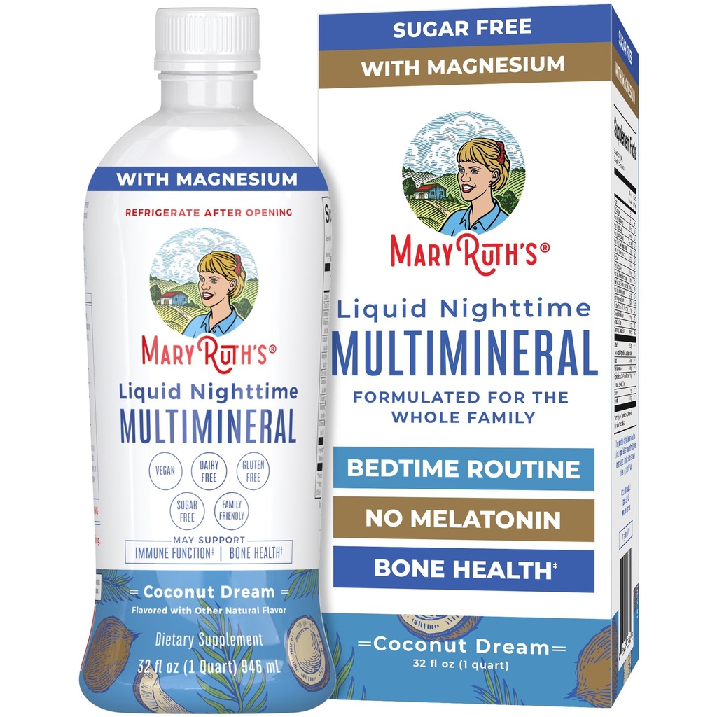 MaryRuth Organics Liquid Nighttime Multimineral ← No Melatonin ← Bedtime Routine ← Magnesium Citrate ← Calcium ← Zinc ← Vitamin D3 vidas Disponible en 4 Sabores - Vegan ← Sugar Free TEN Gluten Free ← 32 Oz