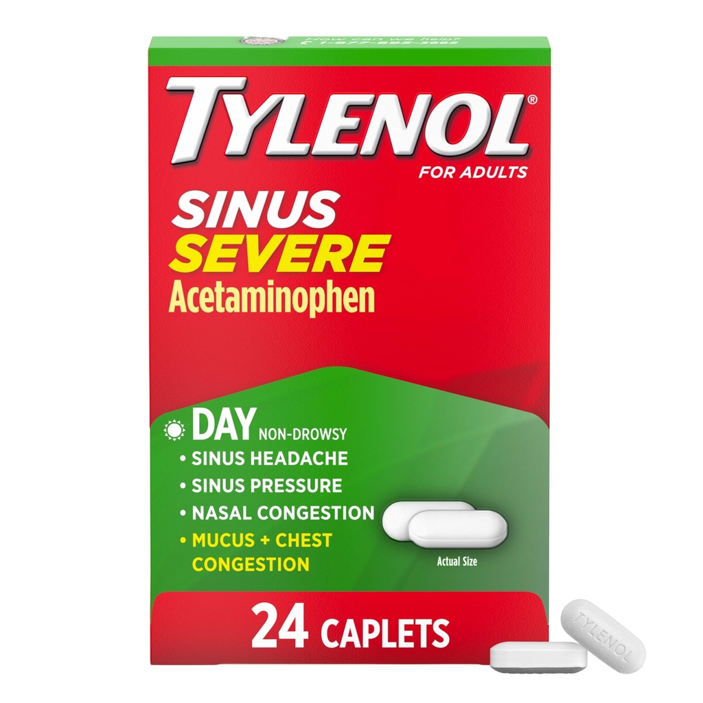 Tylenol Sinus Severe Daytime Cold &amp; Flu Relief Medicine Caplets, Non-Drowsy Pain Reliever, Fever Reducer Expectorant & Decongestant, Acetaminophen, Guaifenesin " Phenylephrine HCl, 24 ct
