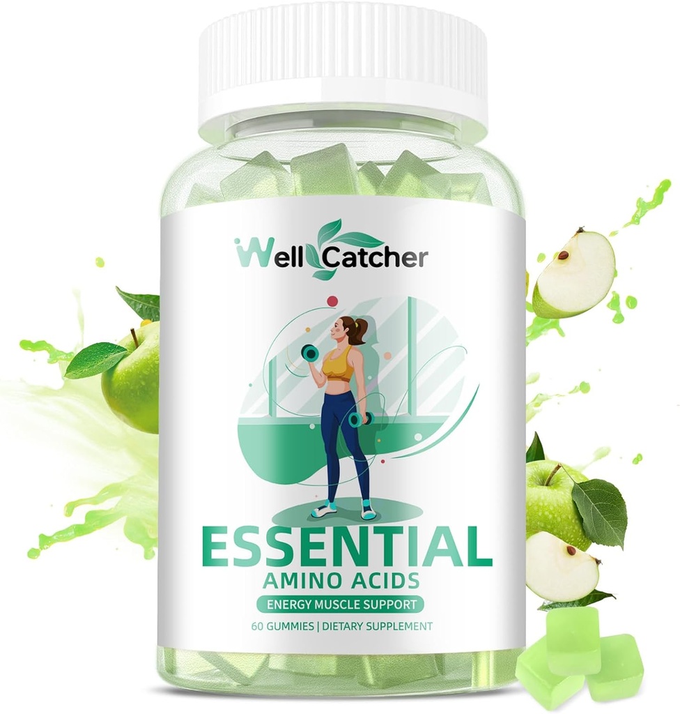 EAA Gummies Aminoácidos Esenciales - Todos los 9 Aminos Esenciales y todos los Aminos de Cadena Sustituida (BCAAs) con Recuperación muscular, Apoyo Energético Sugar Free Green Apple Flavor 30 Servimientos