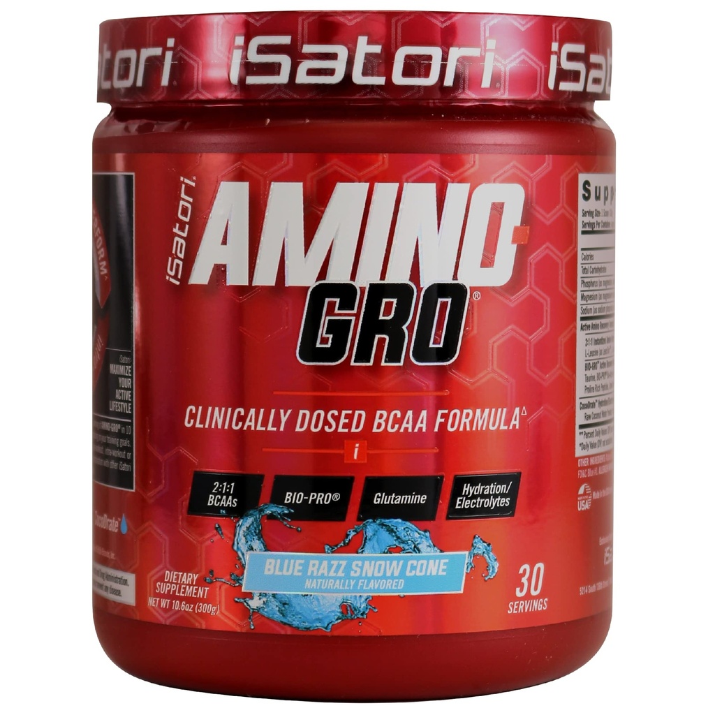 iSatori Amino-GRO BCAA Powder, Aminoácidos de cadena ramificados con Glutamina, Polvo de electrolito " Bio-GRO Péptidos activos para el crecimiento muscular " Recuperación de Post Workout, Blue Razz Snow Cone (30 servidos)