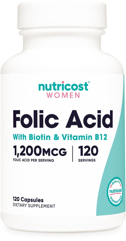 Nutricost Folic Acid for Women (Vitamin B9) 1200 mcg, 120 Capsules, con B12 y Biotin, Veggie Caps, Non-GMO & Gluten Free