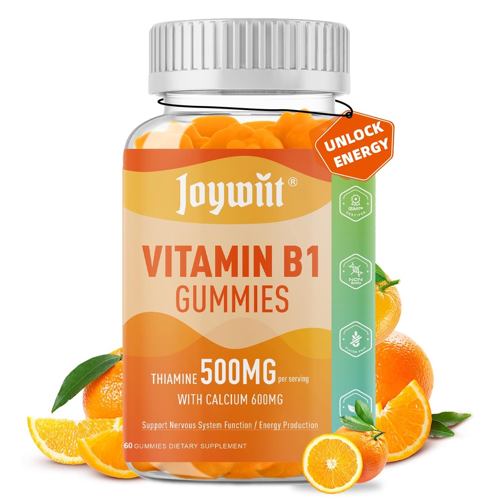Vitamina B1 Gummies 500mg, Chewable Thiamine B1 Suplemento para Adultos, con 600 mg de Citrato de Calcio, Soporte Nervous System, Vegan, Natural Orange Flavor