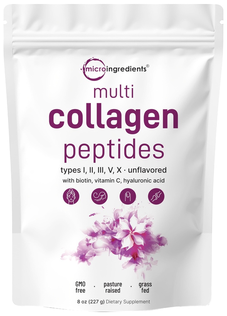 Micro Ingredientes Péptidos multi colágeno Polvo, 8oz tóxico Tipo I, II, III, V, X + Biotina, Vitamina C & Ácido Hialurónico ← Desarrollado Silencioso Apoyo Pelo, Esquía &amp; Salud Conjunta ← Keto, No GMO