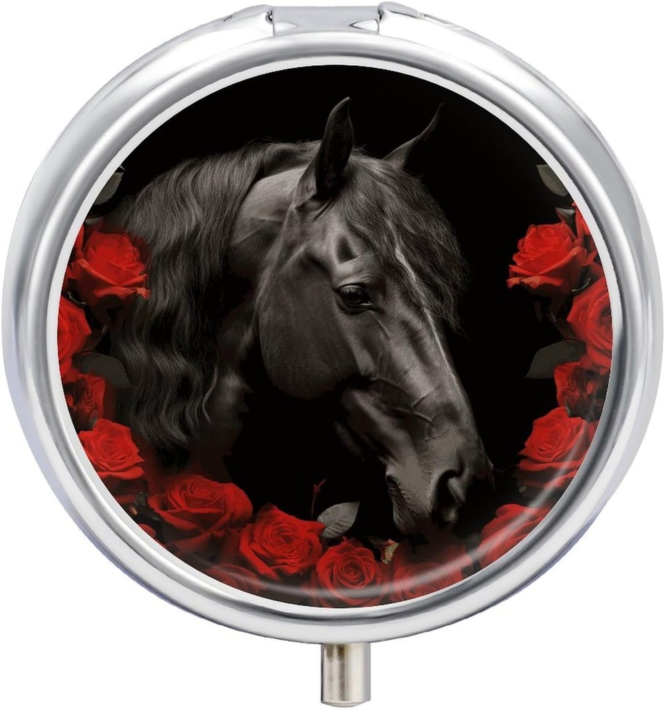 Caballo Negro en un fondo de rosas rojas Pill Caso 3 Compartimiento Caja de píldoras portátiles Organizador diario de la pill para el bolso de bolsillo Medicina diaria Container to hold Vitamins Fish Oil Travel Gifts