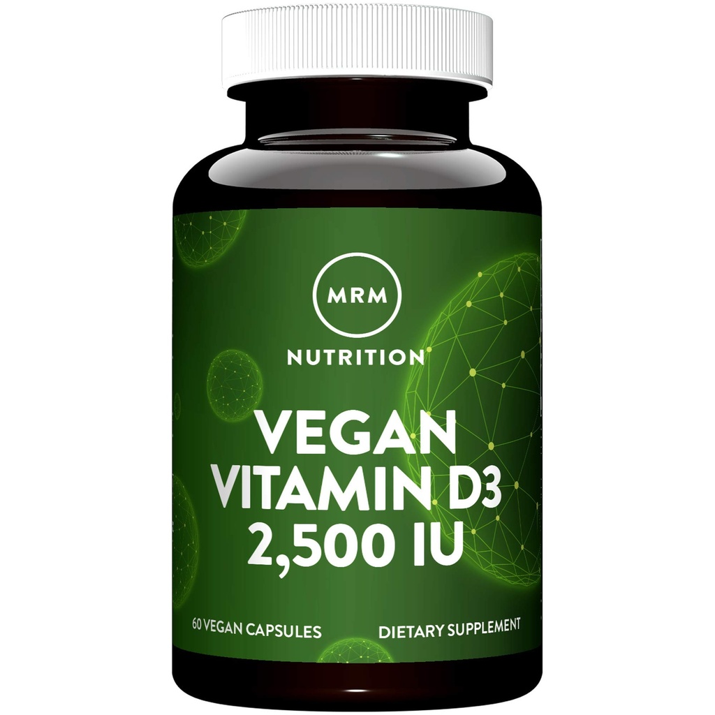MRM Nuturition Vegan Vitamina D3 2,500 UI ← Bone + Immune Health Silencio Hecho de lichenes Silenciosos Calcium Absorption ← Vegan + Vegetarian Friendly ← 60 Servings
