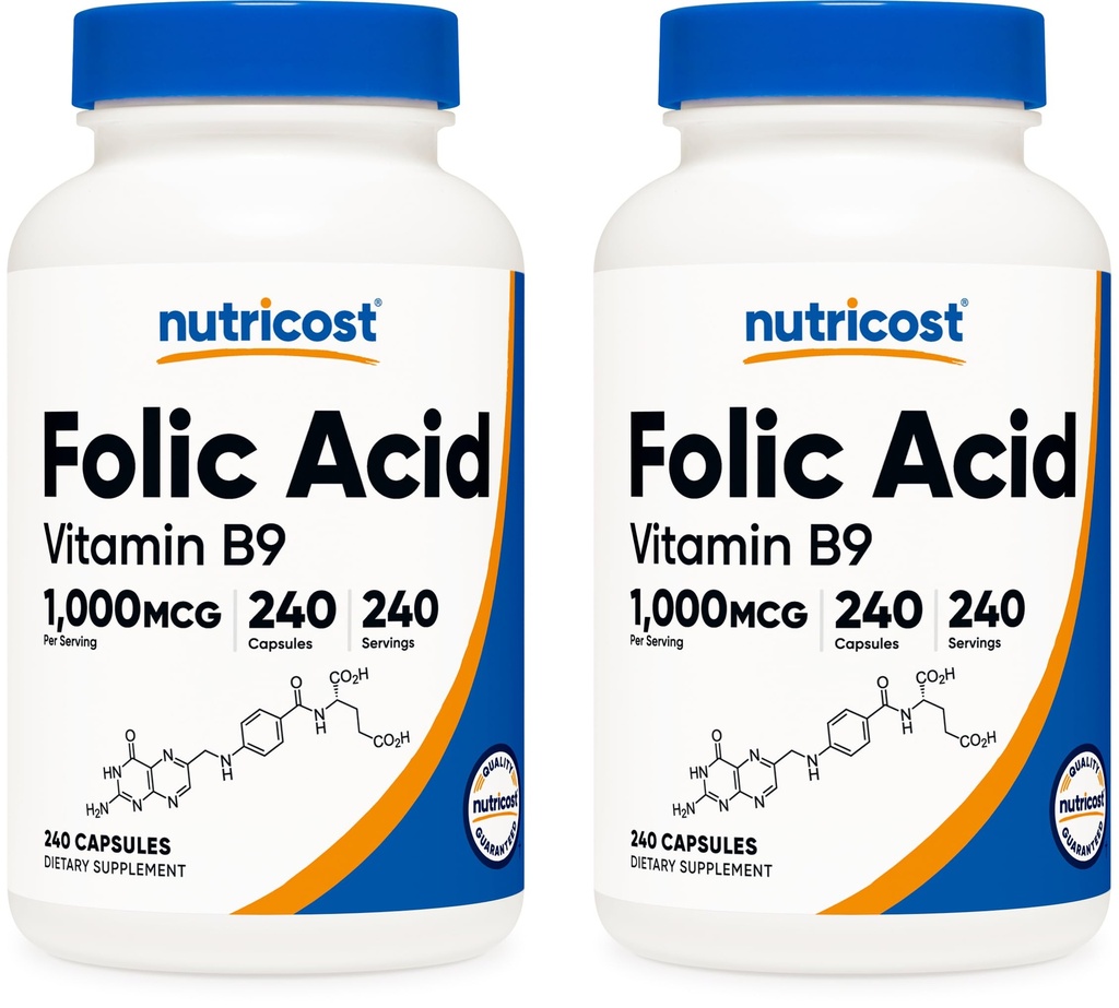 Nutricost Folic Acid (Vitamin B9) 1000 mcg, 240 cápsulas (2 botellas)