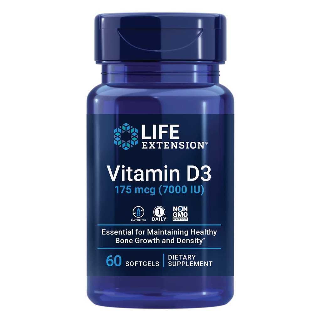 Extensión de la vida Vitamina D3 175 mcg (7000 UI), Soporte de sistema inmunitario, salud ósea, rendimiento cerebral, libre de gluten, no transgénico, una vez al día, suministro de dos meses, 60 softgels