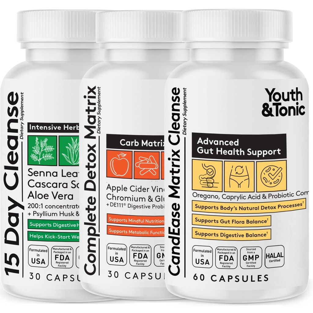 CandEase Matrix Pills " Colon Cleanser " Full Detox Matrix Fast Kit Bundle 3pk ¦ Caprylic Acid Oregano Protease " Cellulase Enzymes Laxatives ACV Chromium " 100 Bil CFU/g Digestive probiotics