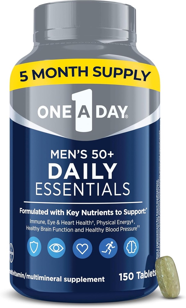 One A Day Hombres Multivitamin 50+ Esenciales diarios ← Multivitamínico para Hombres 50 Plus Apoyos Salud inmune, Función cerebral saludable " Energía física vivir vitaminas para hombres con vitamina C " Zinc, 150 Conde