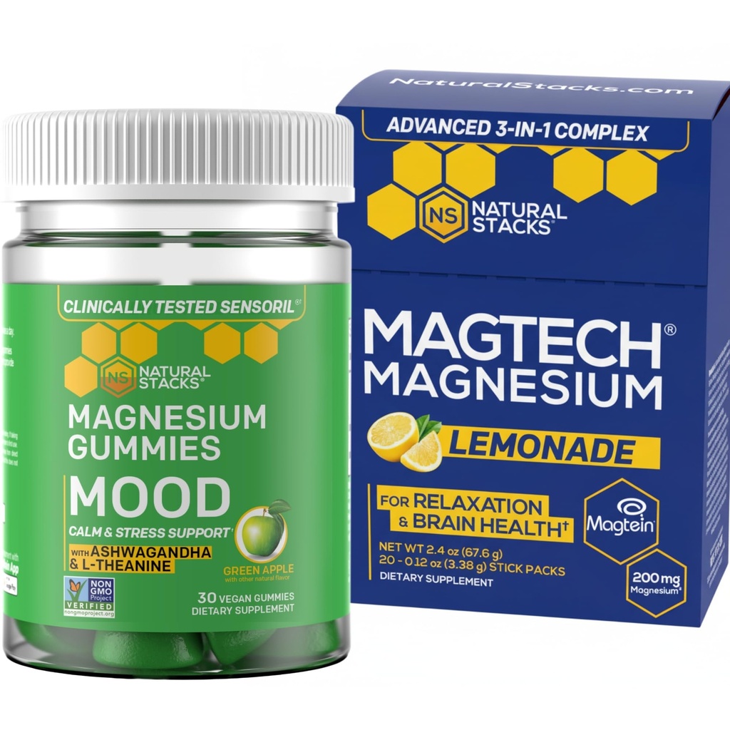 NATURAL STACKS Magtech Magnesium Drink Mix + Mood Magnesium Gummies Bundle - 4 Forms of Magnesium - Brain Health, Relax &amp; Stress Support* - 35 Serviciones