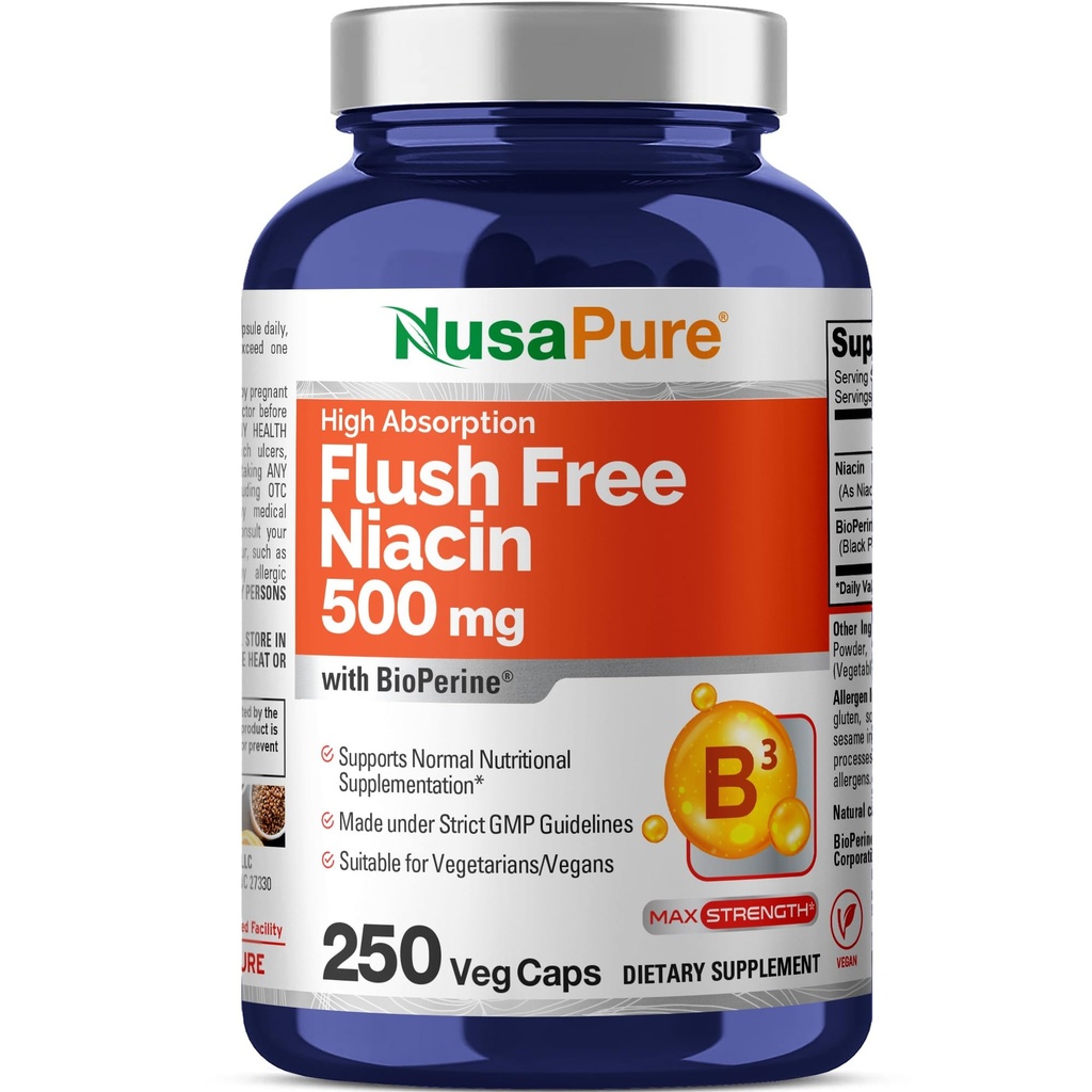 NusaPure Flush Free Niacin 500mg 250 caps (Vegan,No-GMO & Vegan) Bioperina