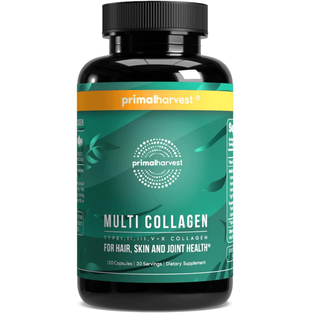Píldoras multi colágeno para hombres y mujeres (Tipo I, II, III, V, X) 120 Cápsulas w/Vitamin C para el cabello, la piel, las uñas