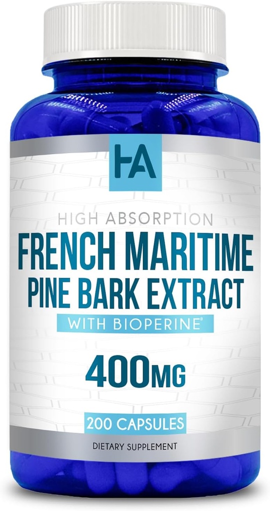 Francés Marítimo Pine Bark Extract Capsules ← Francés Pine Bark Extract Supplement with BioPerine for Enhanced Absoprtion Standardized to 95% Proanthocyanidins ← Vegan Non-GMO Soy Gratis (200 cápsulas)