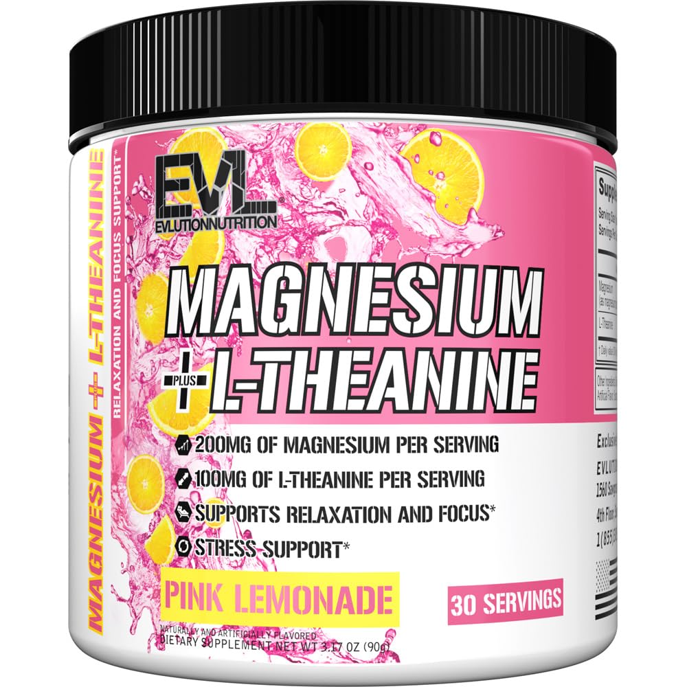 Evlution Nutrition Magnesium + L-Theanine - Relajación Natural & Focus Support - 200mg Magnesium + 100mg L-Theanine - Vegan &amp; Non-GMO - Powder Dietary Supplement - 30 Servings - Pink Lemonade