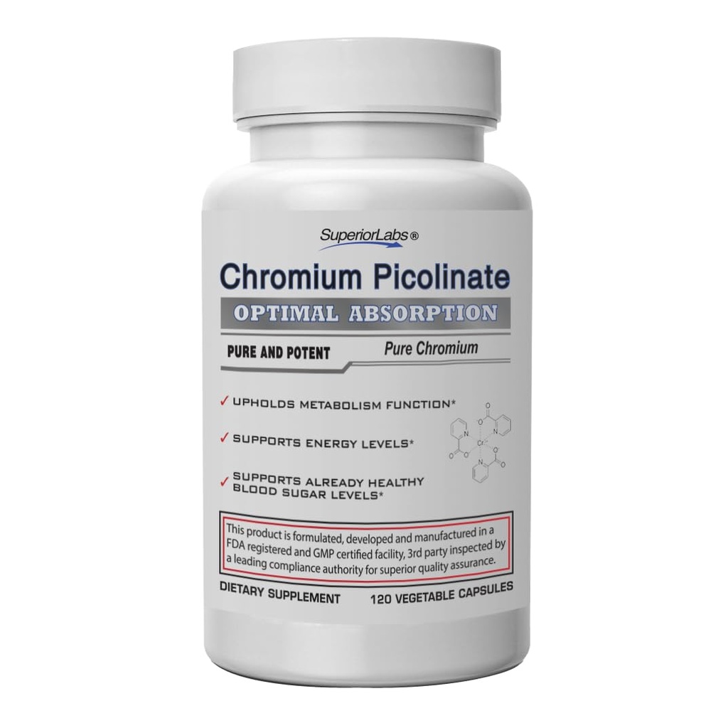 Laboratorios Superiores Chromium Picolinate 500mcg, Alta Absorción, No GMO, Sugar de Sangre & Metabolismo Apoyo, Control de Peso y Alimentos, Ayuda a Energía & Insulina Sensibilidad, 120 Veg Caps